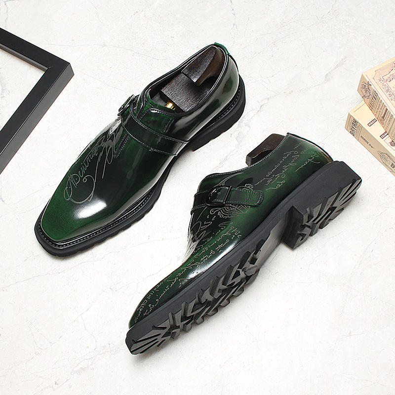Men's Genuine Leather Letter-Printed Buckle Monk Shoes