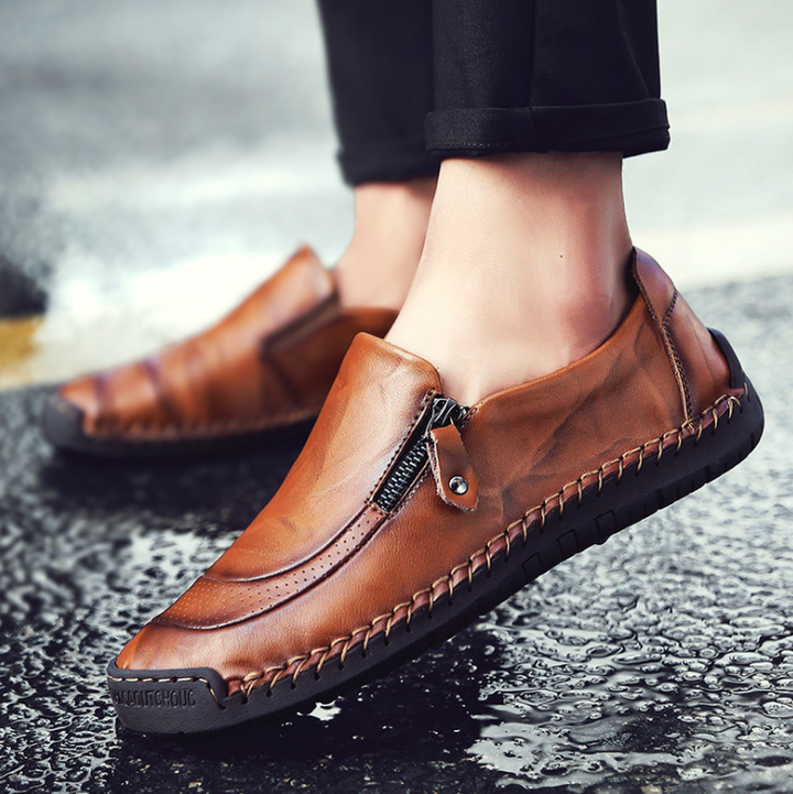 Men Comfy Hand Stitching Leather Side Zipper Slip On Casual shoes