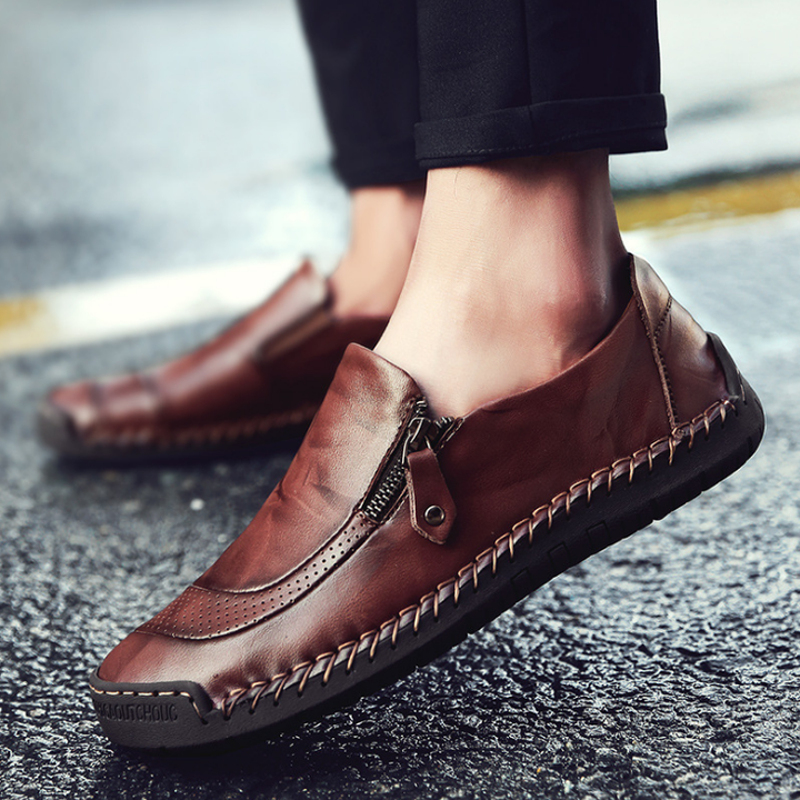Men Comfy Hand Stitching Leather Side Zipper Slip On Casual shoes