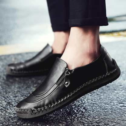 Men Comfy Hand Stitching  Leather Side Zipper Slip On Casual shoes