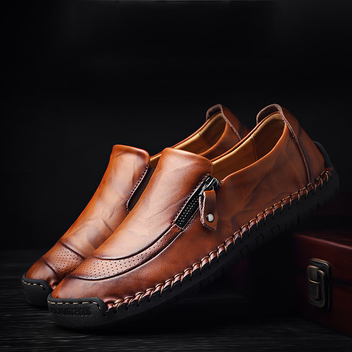 Men Comfy Hand Stitching Leather Side Zipper Slip On Casual shoes