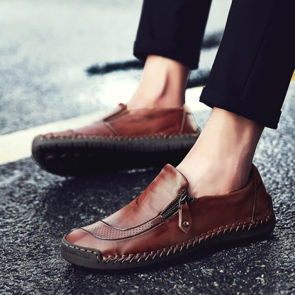 Men Comfy Hand Stitching  Leather Side Zipper Slip On Casual shoes