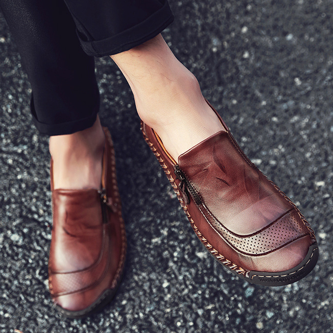 Men Comfy Hand Stitching  Leather Side Zipper Slip On Casual shoes