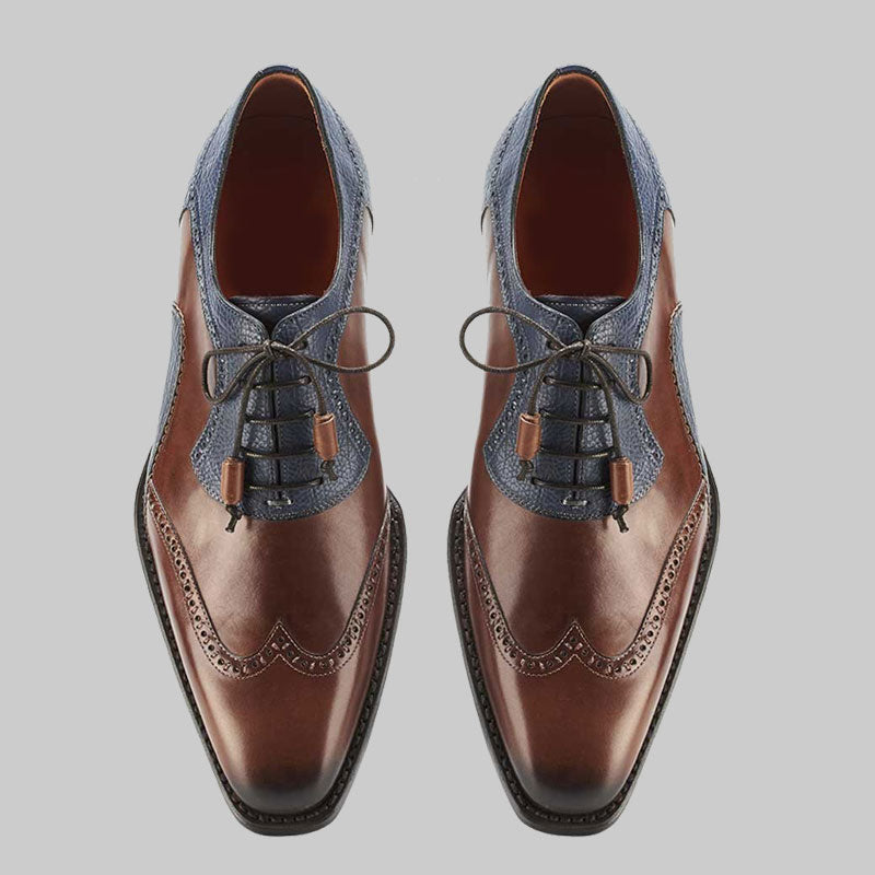 Men's brown and blue leather stitching casual leather shoes