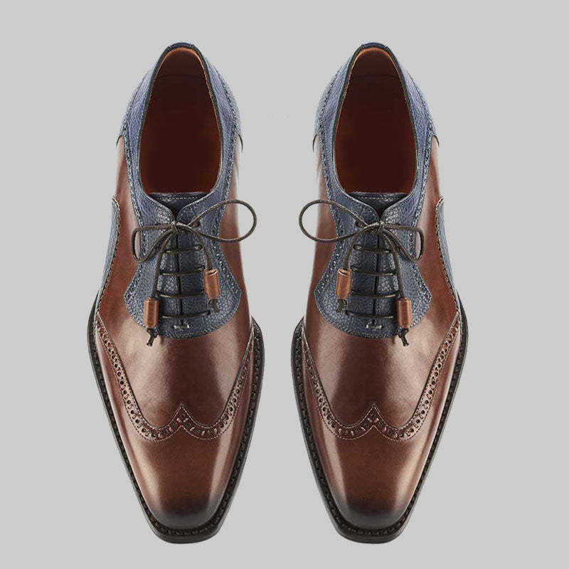 Men's brown and blue leather stitching casual leather shoes