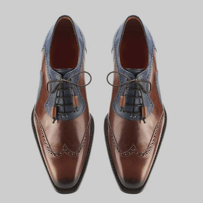 Men's brown and blue leather stitching casual leather shoes