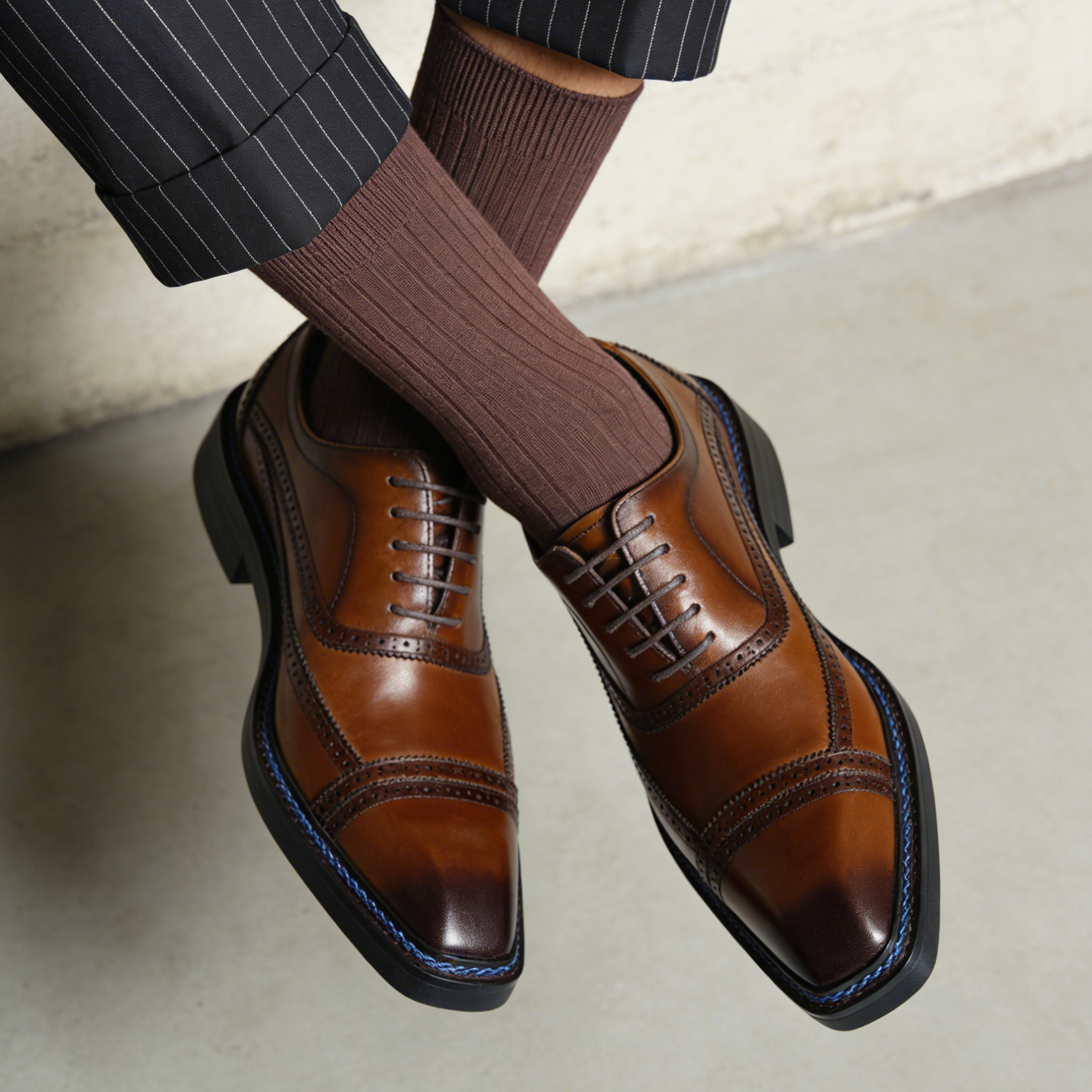 2026 British Style Cap-Toe Brogue Leather Dress Shoes with Blue Stitching