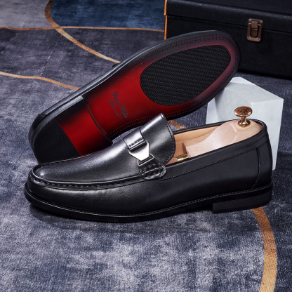 Men's Full-Grain Leather Metal Buckle Casual Loafers