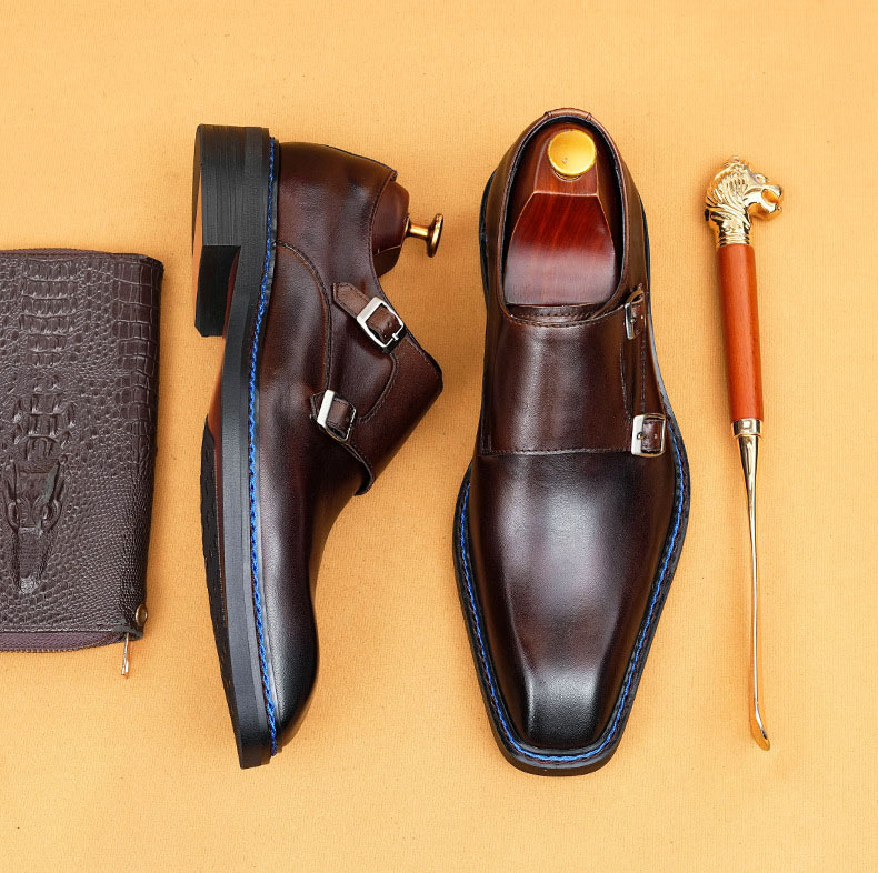 Men's Genuine Leather Buckle Monk Shoes