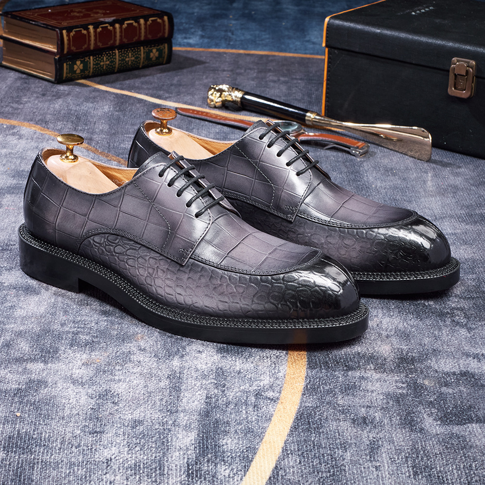 Men's British-Style Genuine Cowhide Crocodile-Embossed Derby Shoes