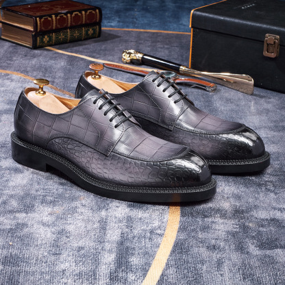Men's British-Style Genuine Cowhide Crocodile-Embossed Derby Shoes