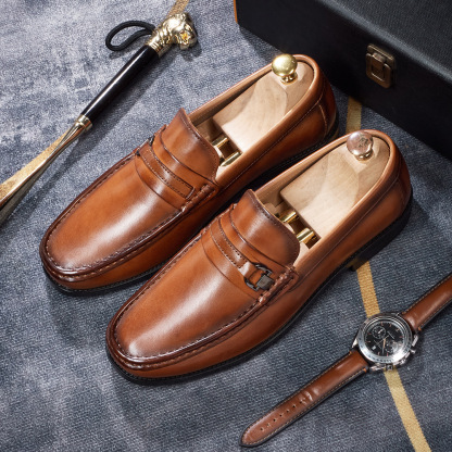Comfort Rubber Sole Men's Loafers  Classic British Design  Vintage Burnished Leather