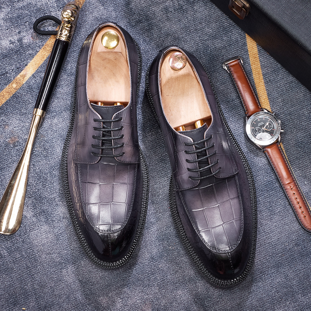 Men's British-Style Genuine Cowhide Crocodile-Embossed Derby Shoes