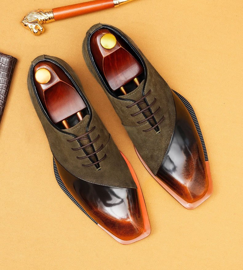 Stylish Men's Suede & Leather Two-Tone Oxfords - Square-Toe Business Formal Shoes