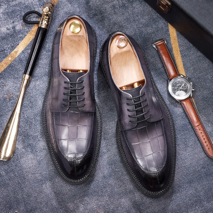 Men's British-Style Genuine Cowhide Crocodile-Embossed Derby Shoes