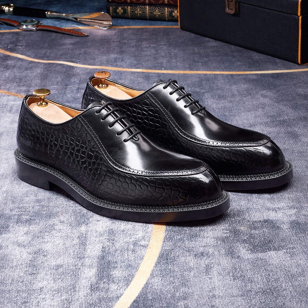 Men's Crocodile Pattern Embossed Genuine Leather Pointed-Toe Oxford Shoes Elegant Business Formal Shoes