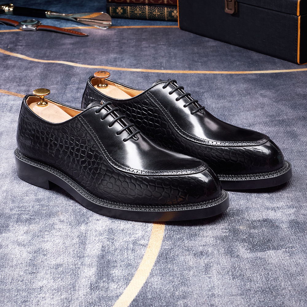 Men's Crocodile Pattern Embossed Genuine Leather Pointed-Toe Oxford Shoes Elegant Business Formal Shoes