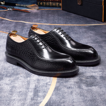 Men's Crocodile Pattern Embossed Genuine Leather Pointed-Toe Oxford Shoes Elegant Business Formal Shoes