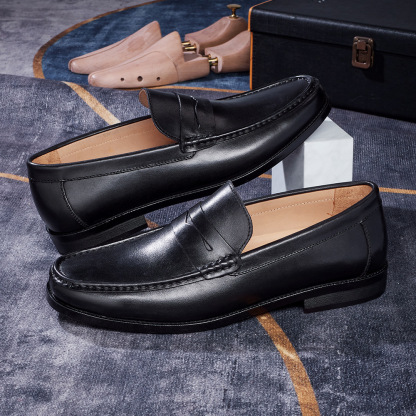 Men's Full-Grain Leather Penny Loafers  Business Casual Leather Shoes