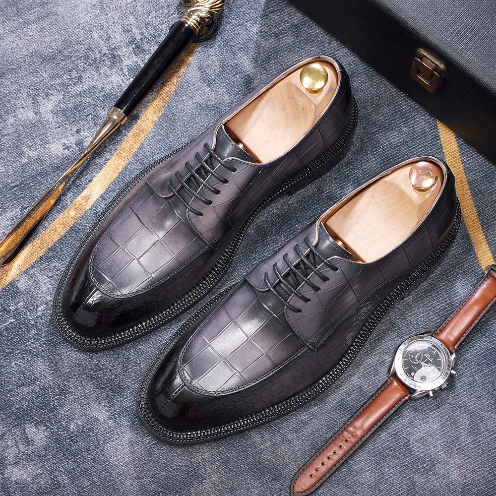 Men's British-Style Genuine Cowhide Crocodile-Embossed Derby Shoes