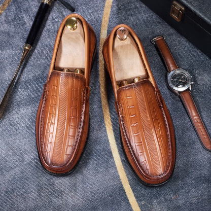 Vintage Elegant Men's Loafers Hand-Stitched Crocodile Embossed Genuine Leather Shoes