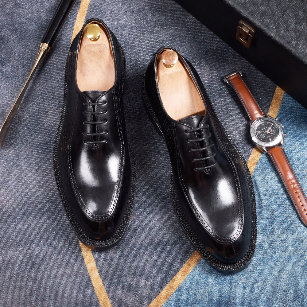 Men's Crocodile Pattern Embossed Genuine Leather Pointed-Toe Oxford Shoes Elegant Business Formal Shoes