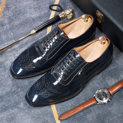 [Copy]Men's glossy embossed genuine leather lace-up Oxford shoes