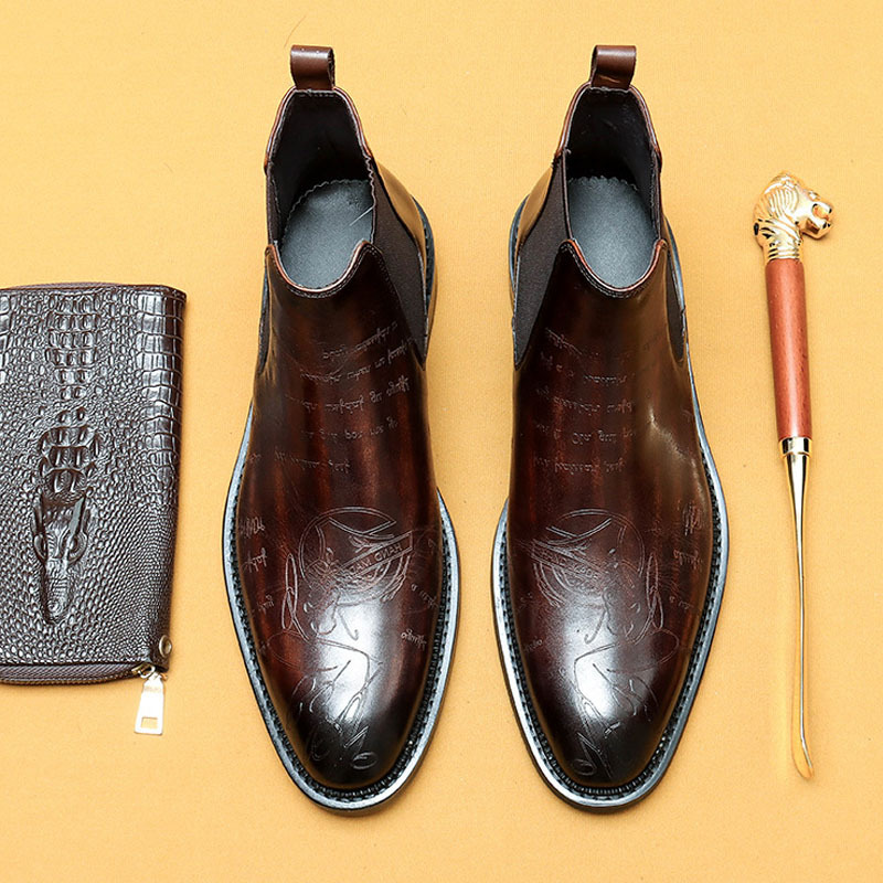 Men's Genuine Leather Brogue-detailed Fleece-lined Chelsea Boots
