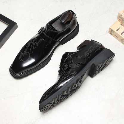 Men's Genuine Leather Letter-Printed Buckle Monk Shoes