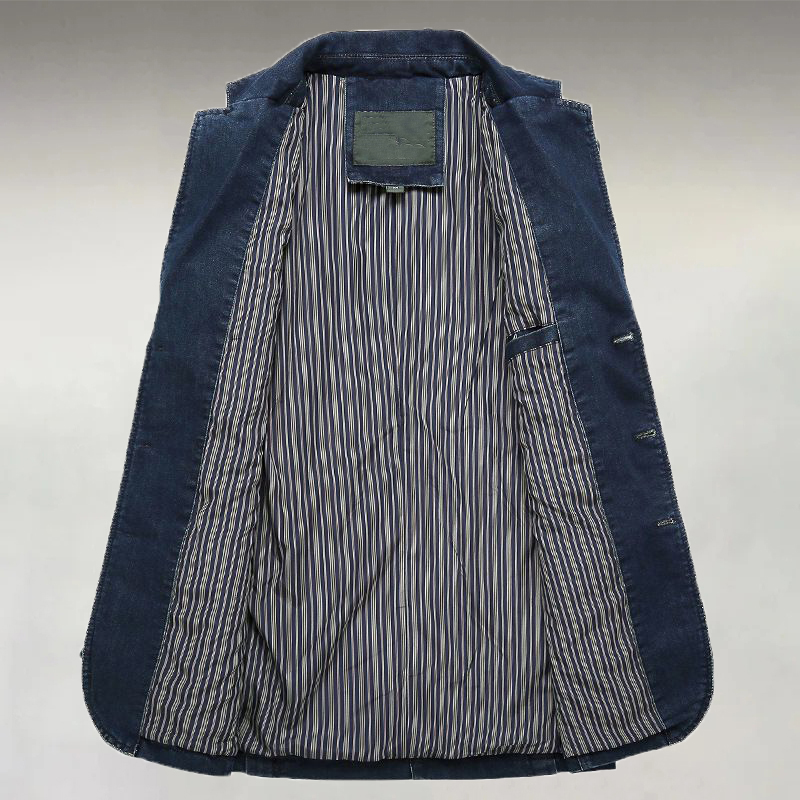 Men's Casual Denim Notch Lapel Patch Pockets Three Button Long Sleeve Blazer
