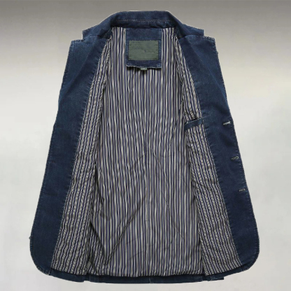 Men's Casual Denim Notch Lapel Patch Pockets Three Button Long Sleeve Blazer