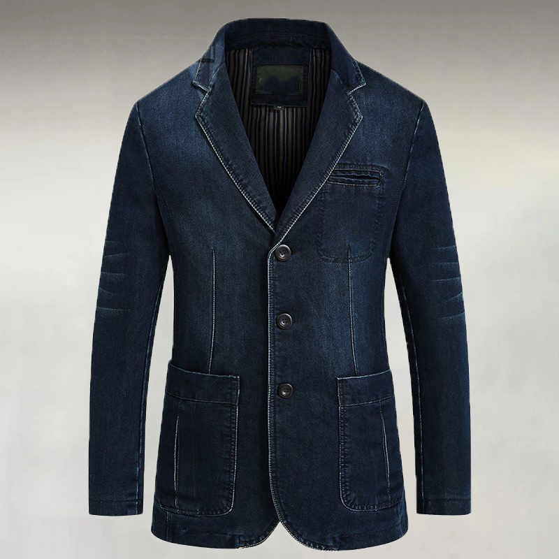 Men's Casual Denim Notch Lapel Patch Pockets Three Button Long Sleeve Blazer