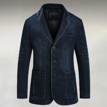 Men's Casual Denim Notch Lapel Patch Pockets Three Button Long Sleeve Blazer
