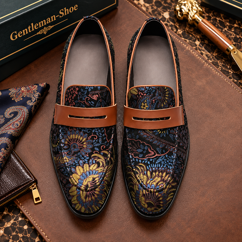 Men's Floral Embroidered Leather Penny Loafers