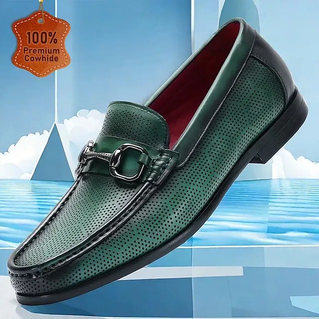 GUYSTEP™-Men's Loafers Perforated Green Leather Silver Horsebit