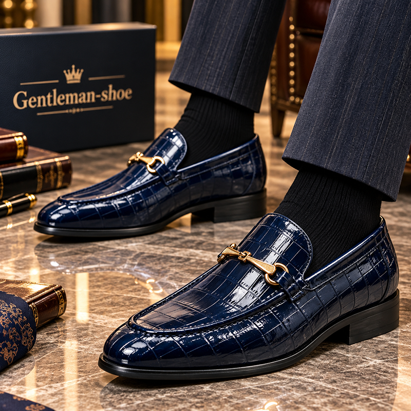Men’s Crocodile Embossed Loafers with Gold Buckle – Multi-Color Dress Shoes
