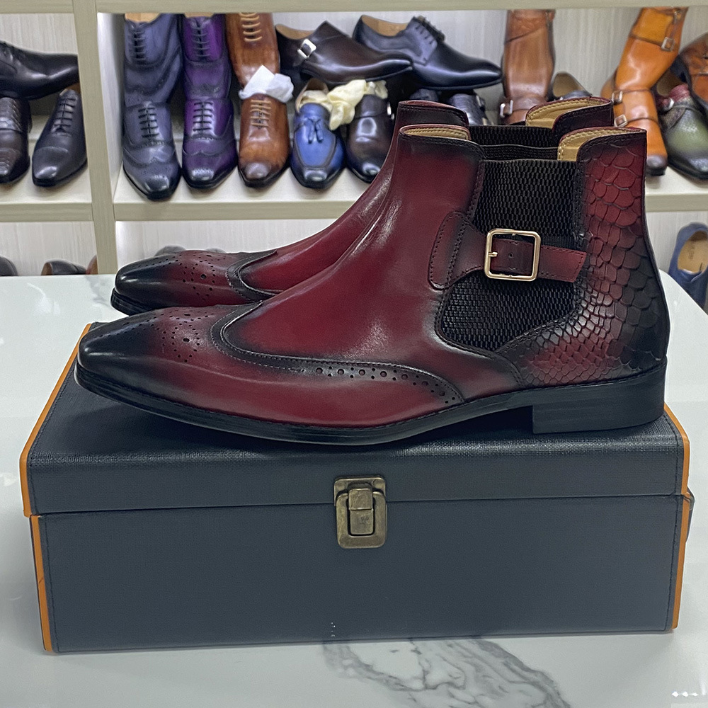 Men's Genuine Leather Snake Pattern Paneled Brogue Chelsea Boots