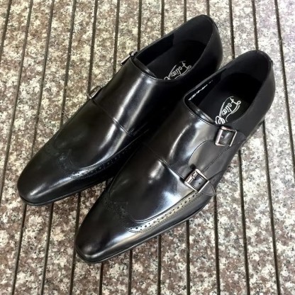 Men‘s Genuine Leather Pointed Toe Double Buckle Monk Strap Shoes