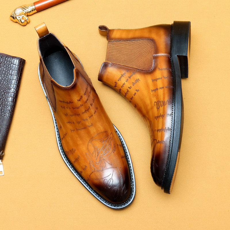 Men's Genuine Leather Brogue-detailed Fleece-lined Chelsea Boots