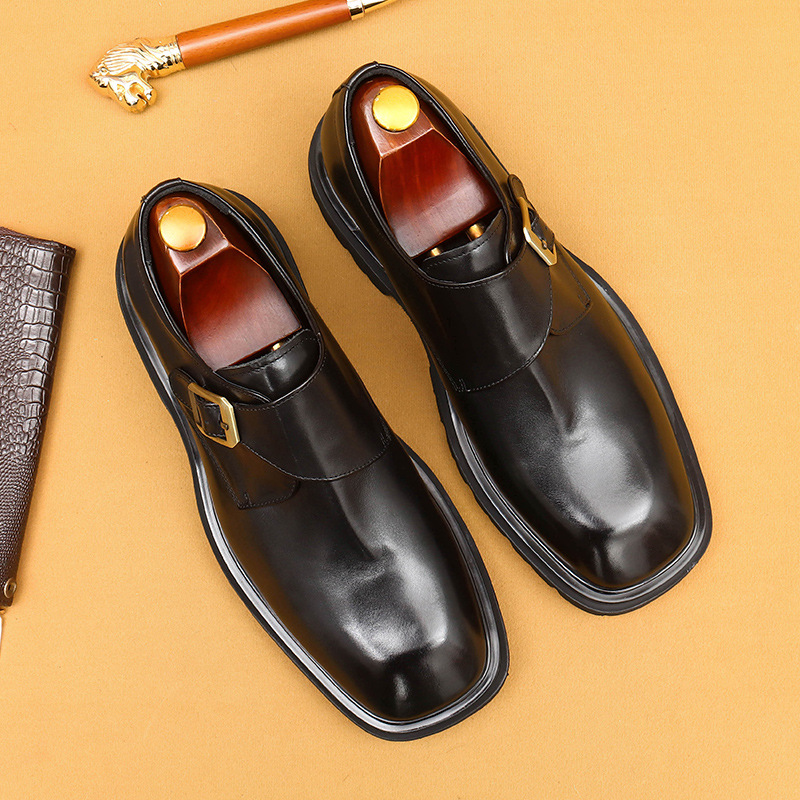 Men's Genuine Leather Square-Toe Wide-Fit Monk Shoes