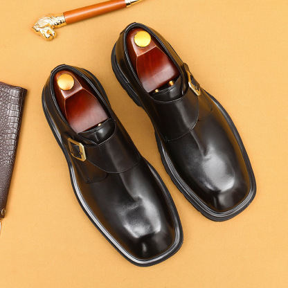 Men's Genuine Leather Square-Toe Wide-Fit Monk Shoes