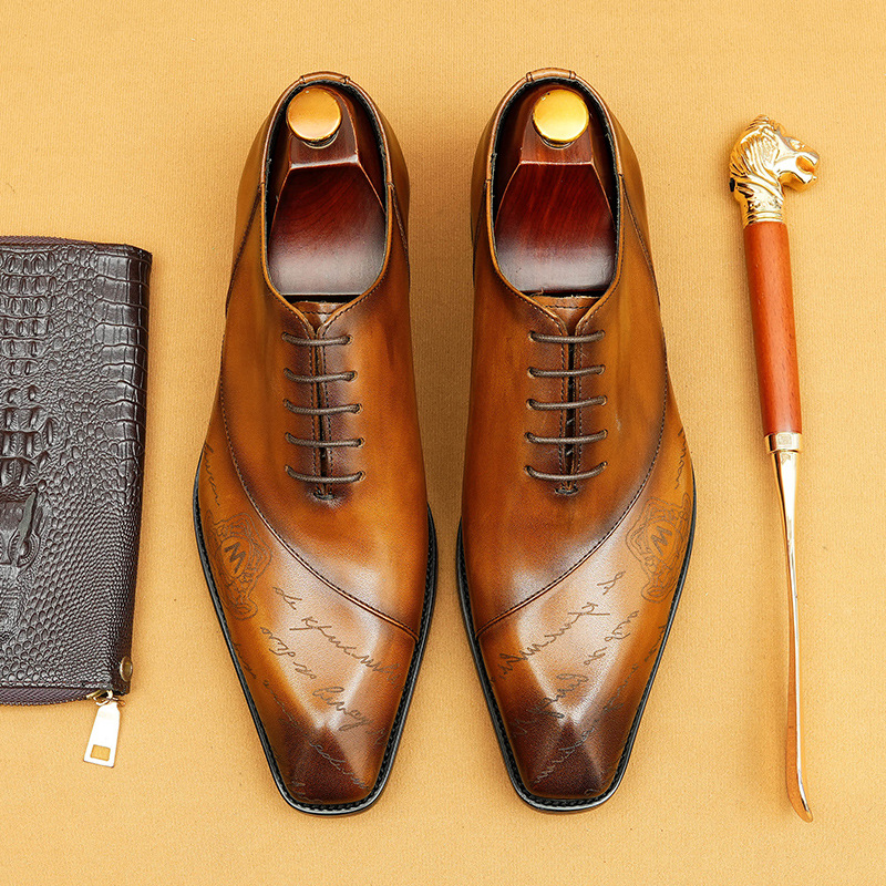 Men's Full-Grain Leather Letter Print Oxford Shoes