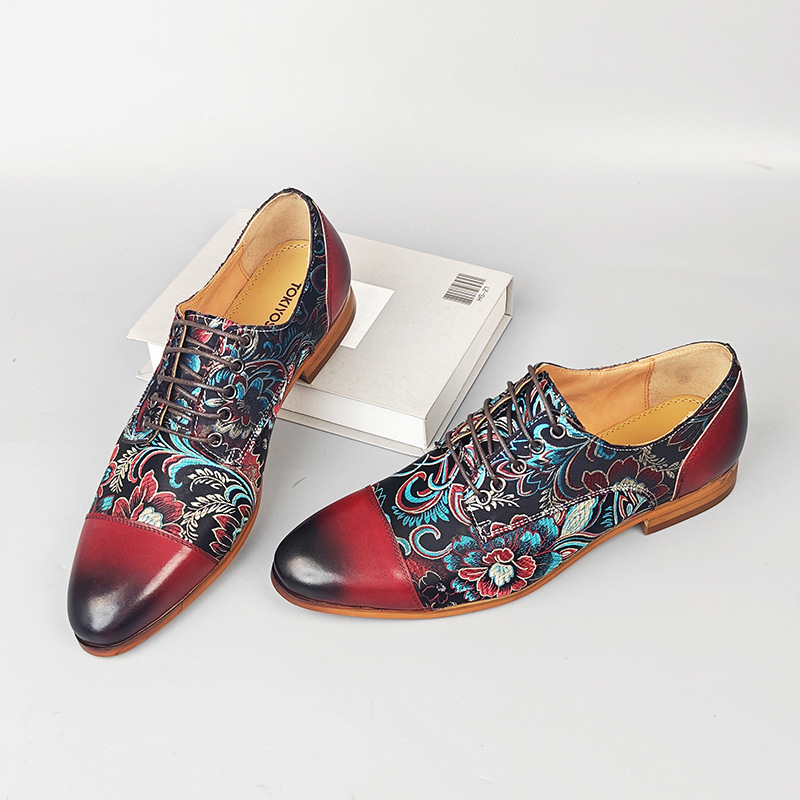 Men's Embroidered Casual Lace-Up Genuine Leather Shoes