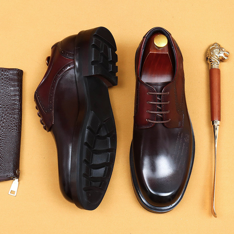 Men's Full-Grain Leather Thick-Soled Non-Slip Letter-Printed Leather Shoes