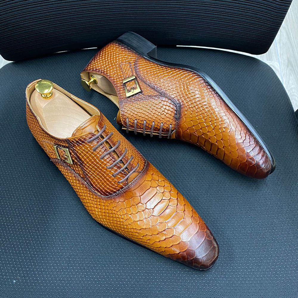 Men's Full-Grain Leather Snake-Embossed Pointed-Toe Formal Shoes