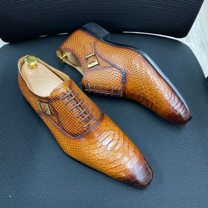 Men's Full-Grain Leather Snake-Embossed Pointed-Toe Formal Shoes