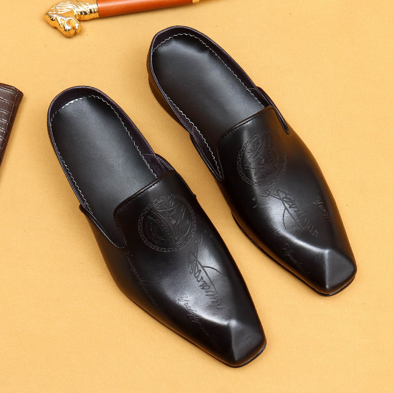 Men's Genuine Leather British-Style Letter-Printed Mules