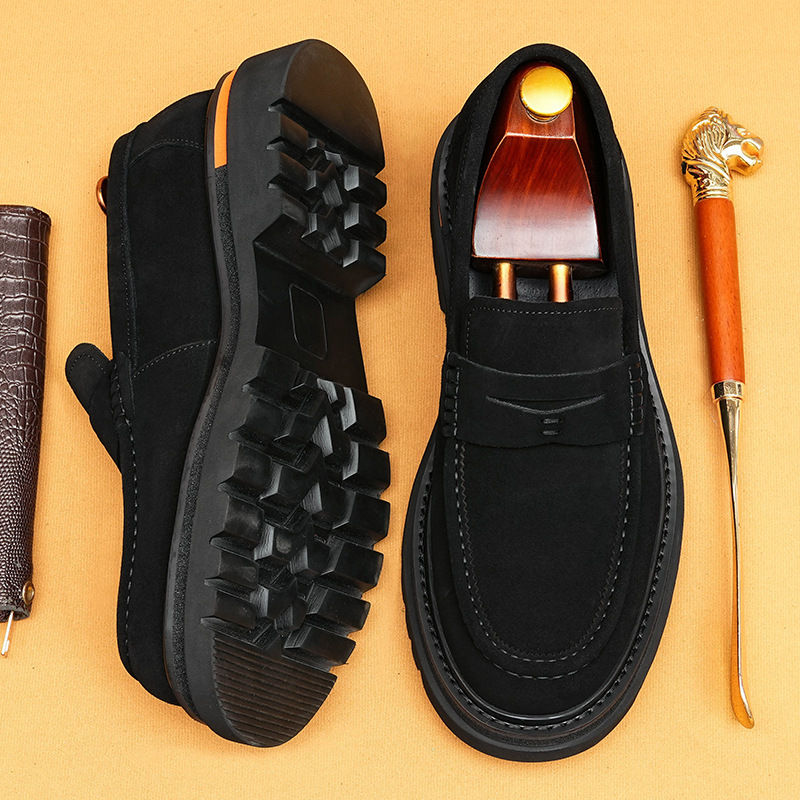 Men's Full-Grain Leather Suede Non-Slip Platform Casual Loafer Shoes