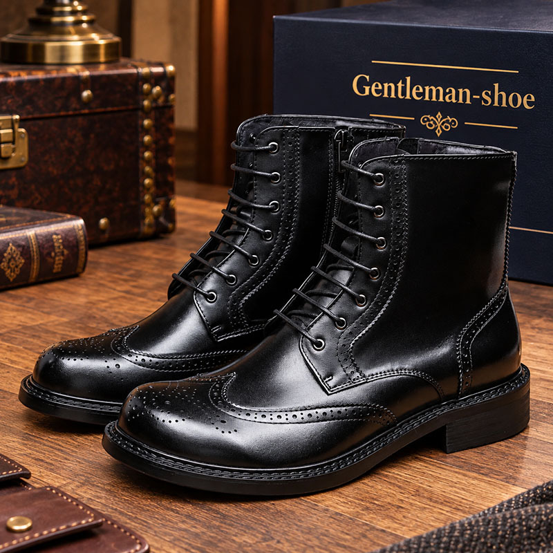 Men's Brogue Leather Boots - Brown & Black