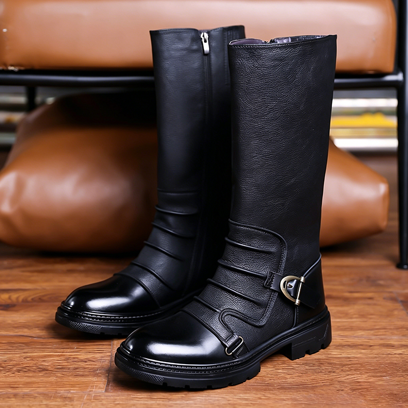 Men's Buckle-Detail Leather Knee-High Boots, Side-Zip Western Style Riding Boots in Black / Light Brown